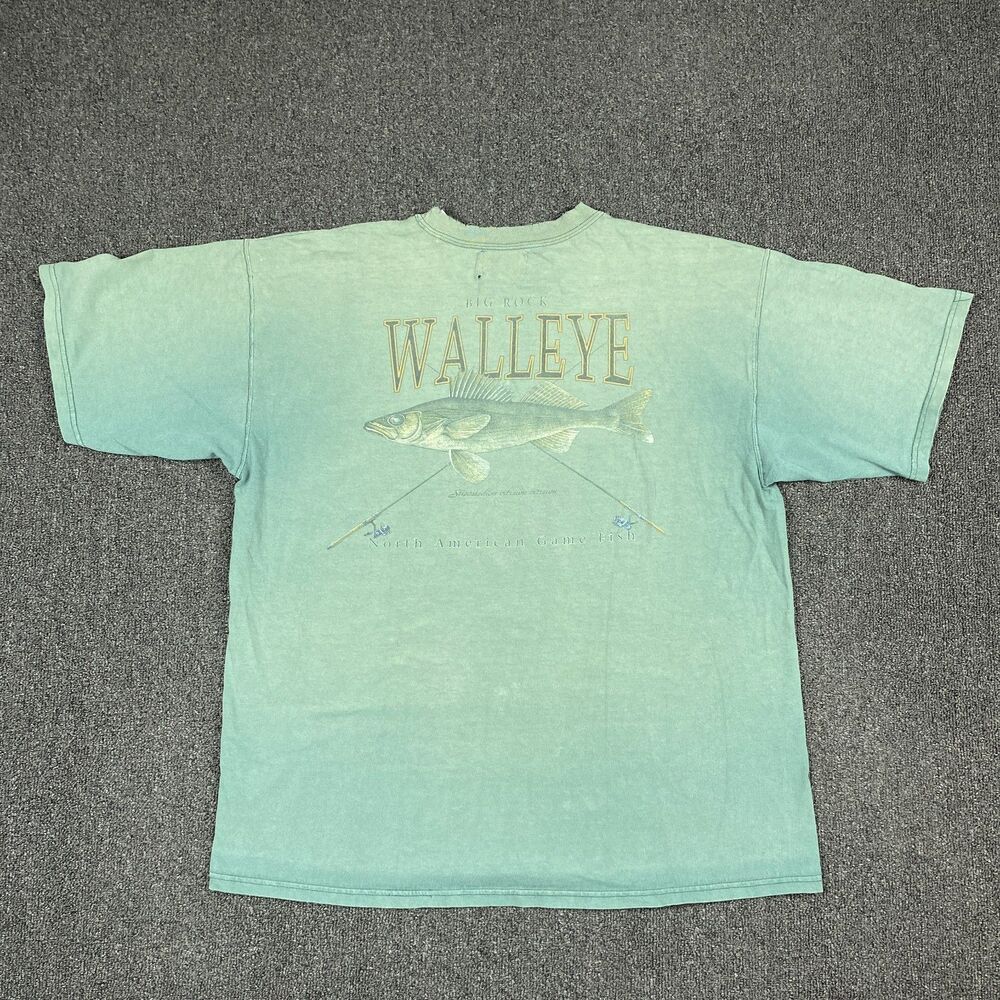 VTG WALLEYE Fishing T Shirt Mens Green Washed Out Casual T Shirt Size Large